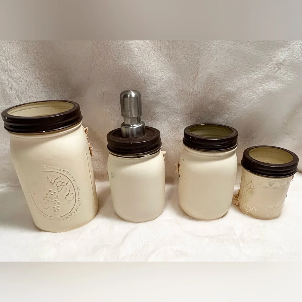 Rustic Farmhouse Mason Ball Kerr Jar 4 Pc Bathroom Set Ivory Chalk Paint